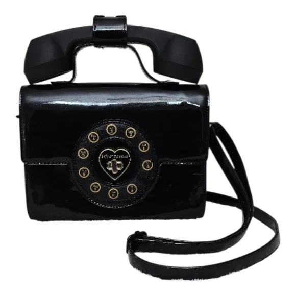Betsey Johnson Black Patent Leather Telephone Crossbody Bag Novelty Purse - Picture 1 of 8